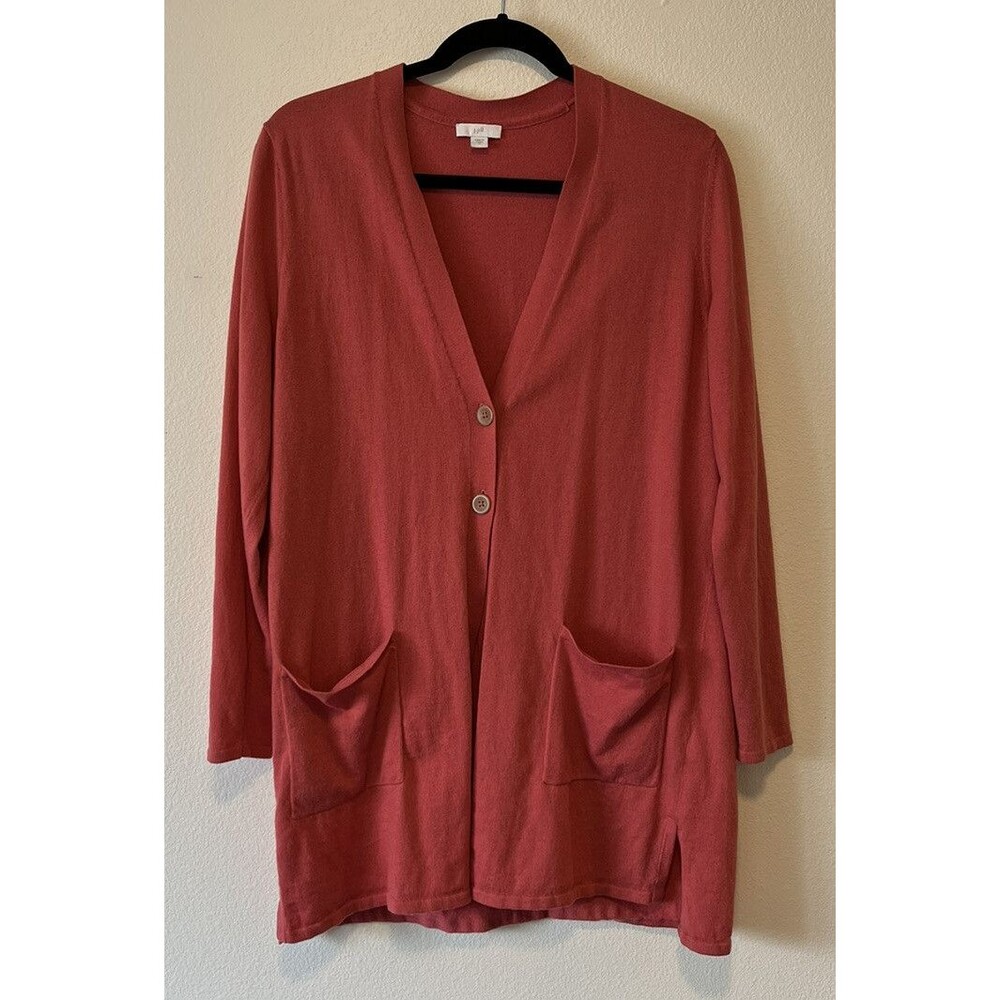 J Jill Women's Coral Long Length Cardigan Sweater Size Medium 2 Button V-Neck